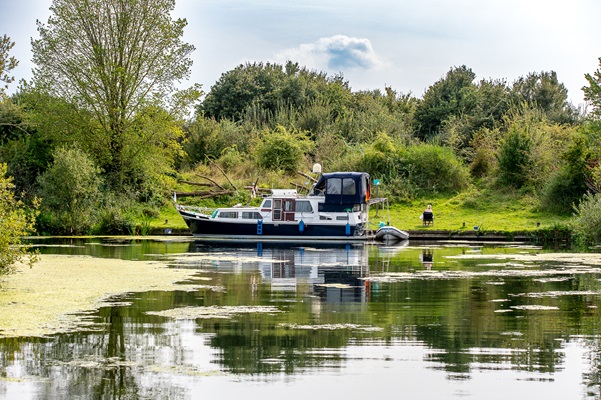 Aangelegde motorboot aan een rustige, groene oever in Limburg, met waterplanten en bomen op de achtergrond.